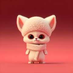 illustration of pink Chilean Pudu - stand up anthropomorphic valentine gift holding happy cute fox created by generative ai tool, fluffy and hairy, wearing a winter hat  and scarf