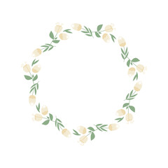 Floral round frame. Flower wreath, spring decorative border for photo or for text. Decorative element for Easter postcard or folk wedding invitation. Women's day, mother's day festive natural frame.