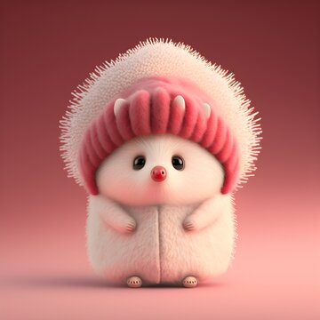illustration of pink Chilean Pudu - stand up anthropomorphic valentine gift holding happy cute Pudu puda created by generative ai tool, fluffy and hairy, wearing winter hat  and scarf