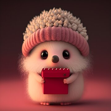 illustration of pink Chilean Pudu - stand up anthropomorphic valentine gift holding happy cute Pudu puda created by generative ai tool, fluffy and hairy, wearing winter hat  and scarf