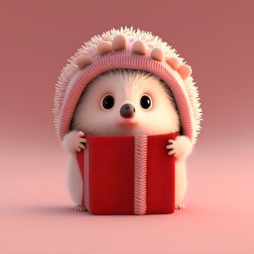 illustration of pink Chilean Pudu - stand up anthropomorphic valentine gift holding happy cute Pudu puda created by generative ai tool, fluffy and hairy, wearing winter hat  and scarf