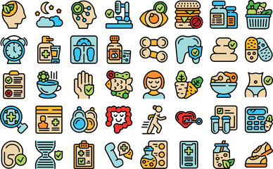Good health icons set outline vector. Exercise plan. Hospital color line flat isolated on white