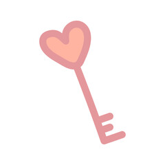 Valentine's day illustration heart shaped key decorative element. Romantic love icon in flat style.Vector illustration, isolated on white background. Valentines Day cute pink love key.
