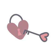 Valentine's day illustration heart shaped lock and key decorative element. Romantic love icon in flat style.Vector illustration, isolated on white background. Valentines Day cute love lock with key.