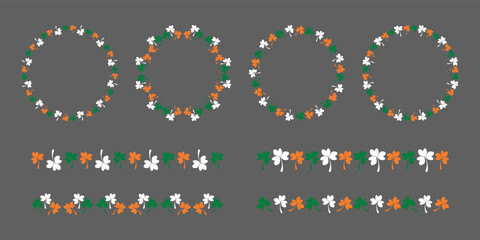 Irish decorative elements on St. Patrick Day - round frame and border line. Traditional leaves - Clover and Shamrock. Irish leves ornament for Saint Patrick's Day. Irish party - invitation or postcard