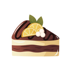 slice of orange cake with chocolate. Flat vector illustration isolated on white background