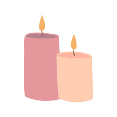 Valentine's day illustration burning candles decorative element. Romantic love icon in flat style.Vector illustration, isolated on white background. Valentines Day cute candles, candlelight.