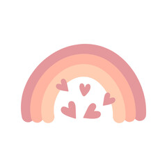 Valentine's day illustration rainbow with hearts decorative element. Romantic love icon in flat style.Vector illustration, isolated on white background. Valentines Day cute rainbow, love element.