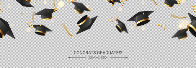 Template for decorative design of graduation. 3d graduation caps, golden confetti and serpentine on checkered background. Seamless vector illustration for decoration social media, banners, posters.