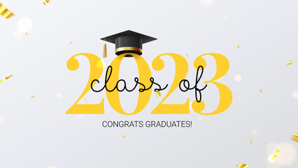 Class of 2023 symbol template. Vector illustration with design for decoration of degree ceremony and graduation 2023. Icon for decoration of social media, banners, posters. Graduation cap, confetti.