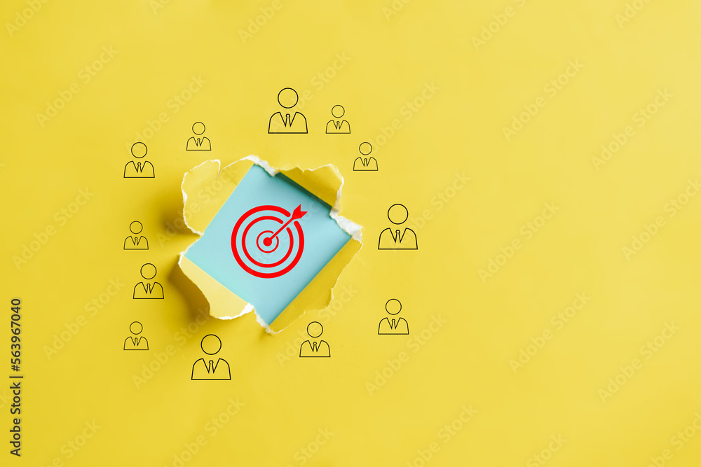 Aufkleber Dartboard with arrow hiding of yellow punched paper, business people target for planning business objective target to successful development, innovation, idea, creative.