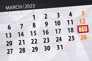 Obraz premium Calendar 2023, deadline, day, month, page, organizer, date, march, sunday, number 19