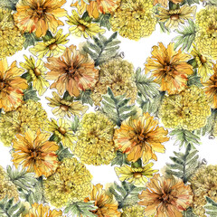 Watercolor seamless floral pattern with flowers marigold.