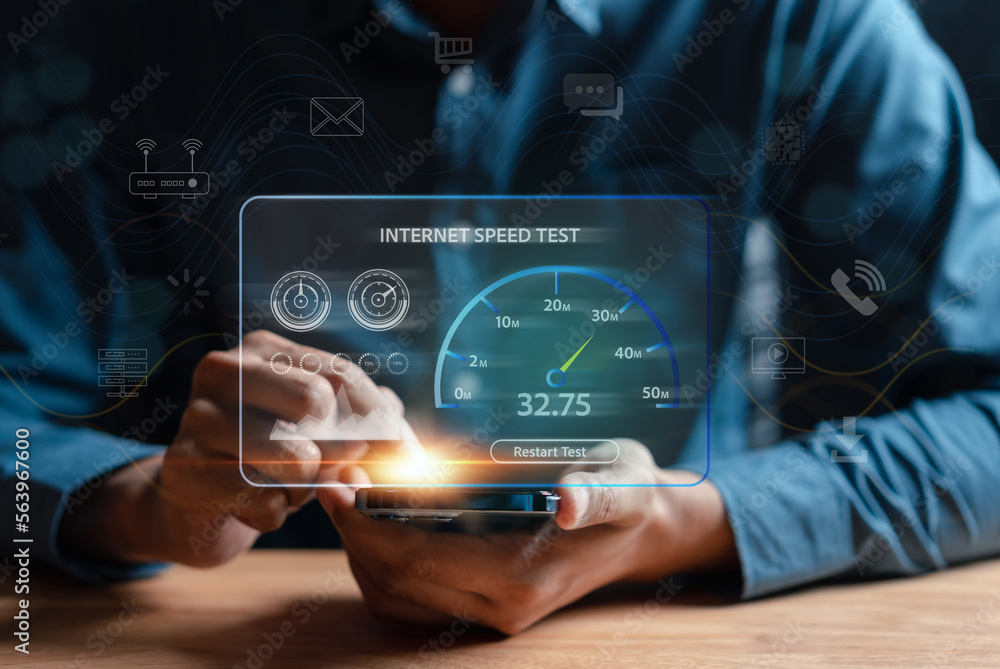 Poster Super Fast internet connection speedtest bandwidth network technology, Man using Internet high speed by smartphone and laptop computer, 5G quality, speed optimization.