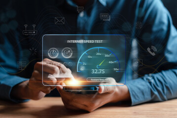 Super Fast internet connection speedtest bandwidth network technology, Man using Internet high speed by smartphone and laptop computer, 5G quality, speed optimization.