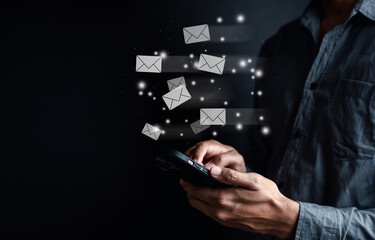 Businessman sending email by smartphone to receiver, business contact and communication, email...