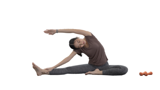 Slim fit Asian woman  Internet coach yoga and meditation coaching videos make them feel relaxed, female happiness, Stretching the muscles of the body and practicing proper breathing, Exercise concept.