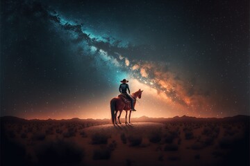 Obraz na płótnie Canvas Cowboy riding his horse at night under the milky way galaxy in desert created with Generative AI technology