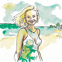 Une jeune femme blonde souriante et sûre d'elle, en vacance sur une plage et vêtue d'une jupe. Joyeuse et débordant de vie. Idéale pour illustrer une grande variété d'usages graphiques.