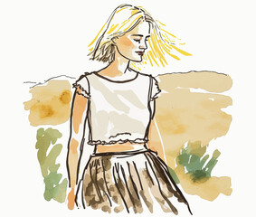 A blonde woman in skirt enjoying her holidays by the beach, with vector illustration. Perfect for making stunning visuals.