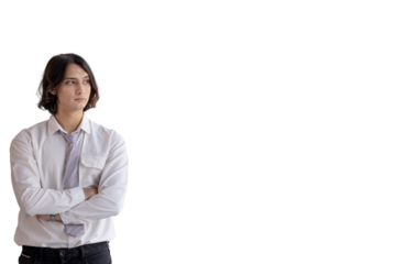 Young Asian worker stands using a laptop in an office building, Communicating using a computer or laptop, Business smart, Business dealings, Press the keyboard, Office background.