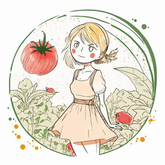 A healthy and natural girl stands in a tomato garden, promoting a healthy and balanced diet. A perfect illustration to encourage a healthier life.