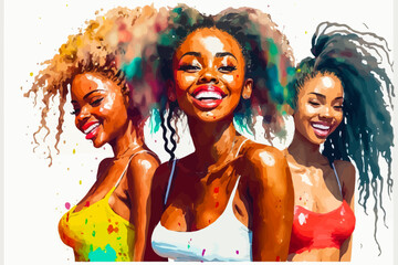 Group of vibrant-colored African ladies with dyed hair. Poised with a modern feel, this watercolor-hued image conveys beauty and charm. Perfect for bringing life to any project.