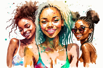 Attractive group illustration of young, modern and dynamic African women. Vibrant colors and colorful hair, the perfection of beauty in watercolor.