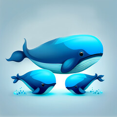 Cute mother whale with cubs in the ocean. Paper art illustration. Illustration AI Generative