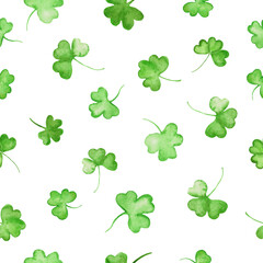Watercolor seamless pattern for St. Patrick Day. Hand drawn clover  illustration isolated on white background.  Vector EPS.