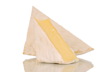 Two pieces of fragrant brie cheese, macro, isolated on white background.