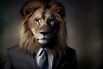 Portrait of a lion in elegant business suit outfit. Serious boss concept.  
Digitally generated AI image.