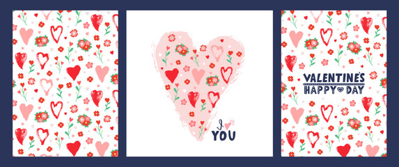 Hand drawn set of Valentine's Day invitation cards with hearts, flower, text. Love symbol. Marker and brush heart. Colorful romantic collection. Valentine handwritten doodle vector illustration