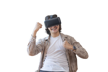 Man wearing virtual reality glasses is playing a 3D game with excitement, Man in glasses of virtual reality, VR, Future games, Gadgets, Technology, White background., VR game concept. .
