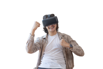 Man wearing virtual reality glasses is playing a 3D game with excitement, Man in glasses of virtual reality, VR, Future games, Gadgets, Technology, White background., VR game concept. .