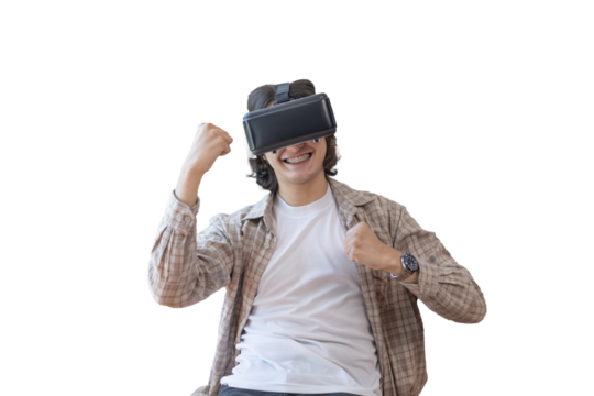 Man wearing virtual reality glasses is playing a 3D game with excitement, Man in glasses of virtual reality, VR, Future games, Gadgets, Technology, White background., VR game concept. .