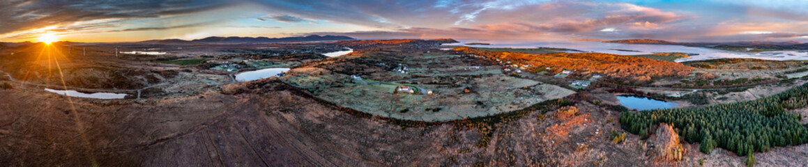 Aerial view of amazing sunrise at Bonny Glen by Portnoo in County Donegal.