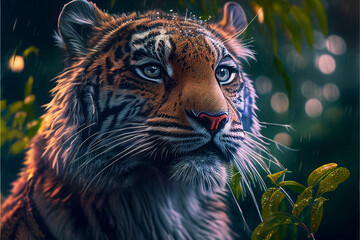 Naklejka na ściany i meble Portrait of a tiger in the rain, against the background of tropical greenery bokeh, a predator in the wild