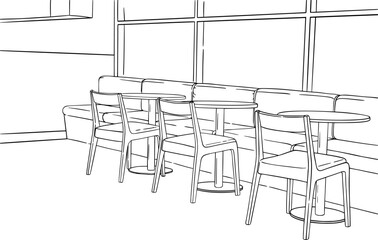 cafe interior line. Restaurant, cafe sketch shop. Line drawing street coffee shop. Vector illustration.