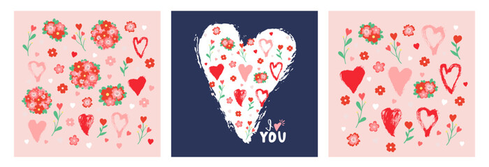 Hand drawn set of Valentine's Day invitation cards with heart, flower, text. Love symbol. Marker and brush heart. Colorful floral romantic collection. Valentine cute doodle vector illustration