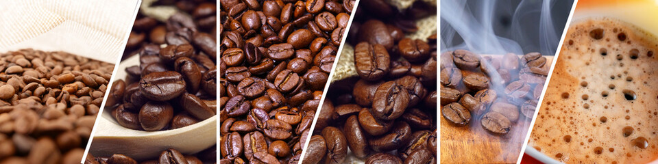Collage of photos with roasted coffee beans. Banner background, selection of different coffee type - obrazy, fototapety, plakaty