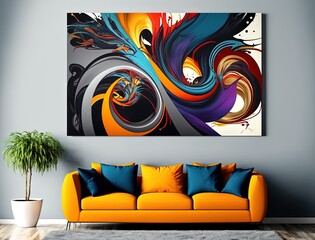 abstract color splash picture hanging on living room wall , minimal modern interior Generative Ai