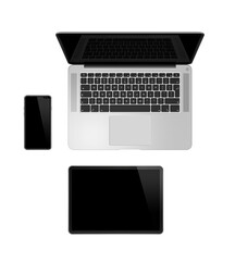 Fototapeta na wymiar Laptop, tablet and phone set mockup isolated on transparent background. 3D render