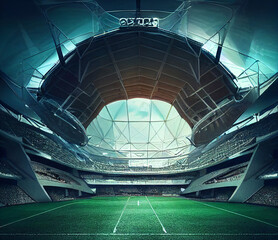 Futuristic football stadium. Monumental sports building, inside view..