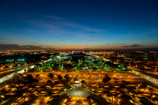 Brasilia's "eixo monumental" from above at night. Long exposure of the road infra structure of the city. HDR colors and a beautiful sky. View from above of the TV tower.