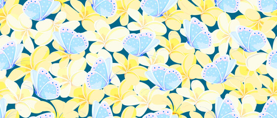 Seamless vector pattern of yellow and white plumeria flowers with butterflies