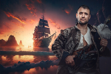 Obraz premium Artwork of stylish pirate dressed in costume posing on coast of desert island.