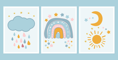 Scandinavian style cute posters with rainbow, cloud and sun. Childish drawing for nursery design. Fun doodle rainbow. Hand drawn illustration. Scandinavian nursery design.