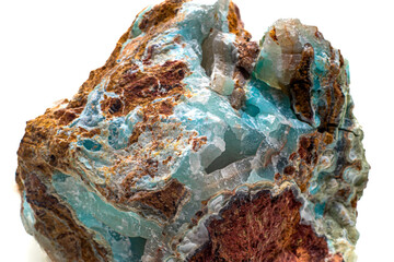 Macro-focused authentic Greek blue, white and brown smithsonite mineral, Glacier-like blue crystal isolated on a white surface background. Close up no shadow.