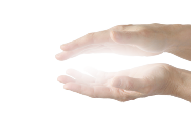 Female healer with bright white healing energy between parallel hands transparent png file
